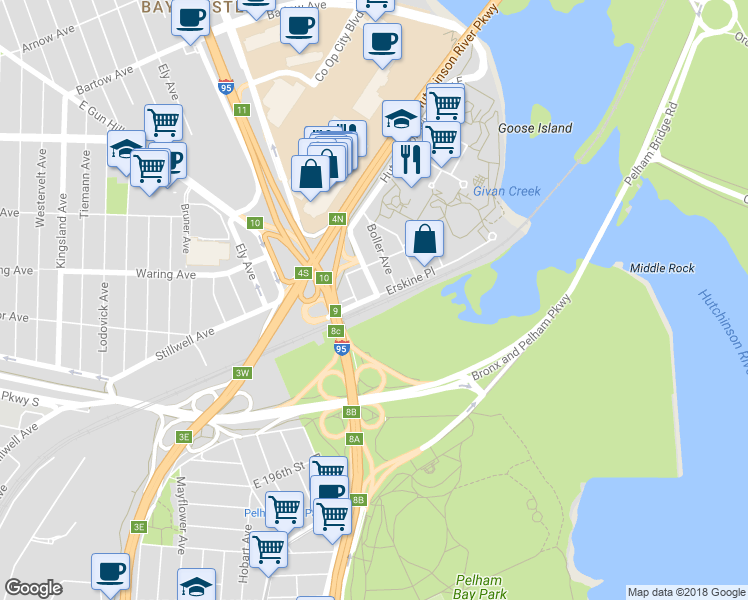 map of restaurants, bars, coffee shops, grocery stores, and more near 2195 Palmer Avenue in Bronx
