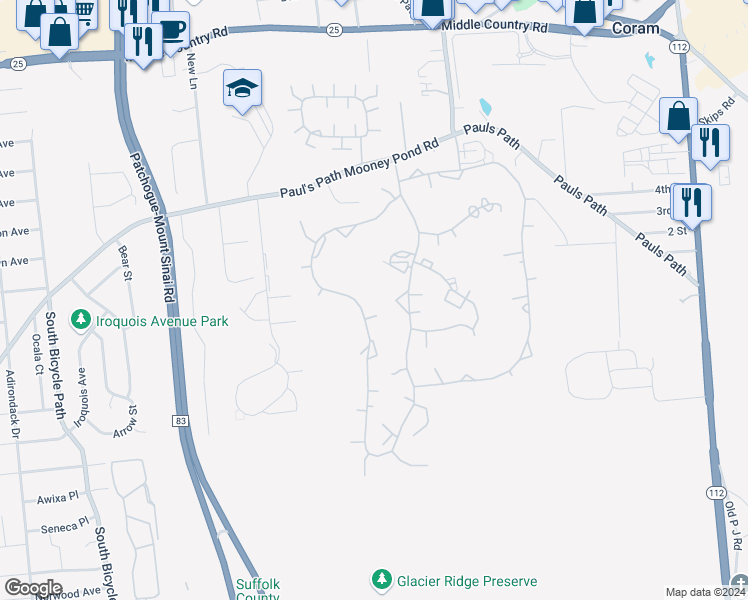 map of restaurants, bars, coffee shops, grocery stores, and more near 172 Skyline Drive in Coram