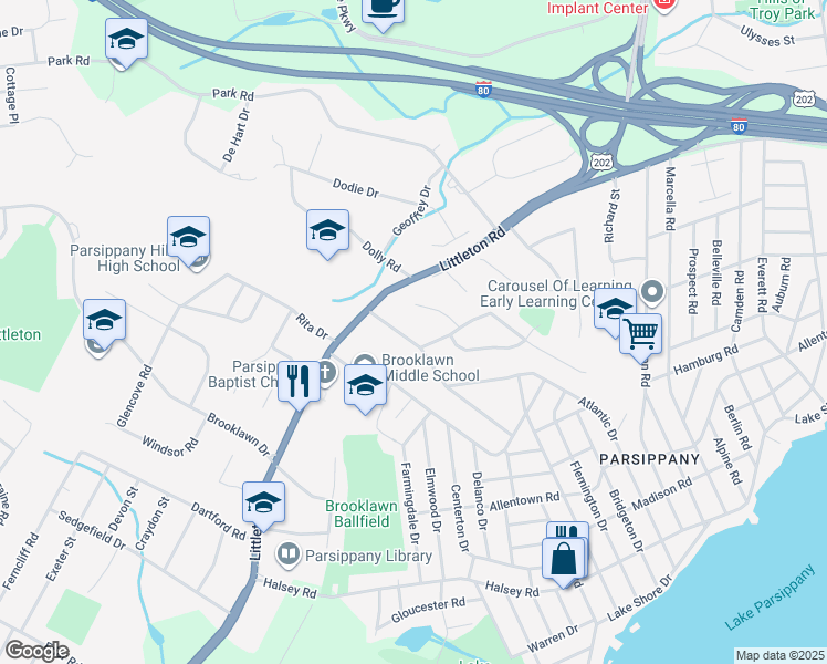 map of restaurants, bars, coffee shops, grocery stores, and more near 51 Fieldcrest Road in Parsippany-Troy Hills