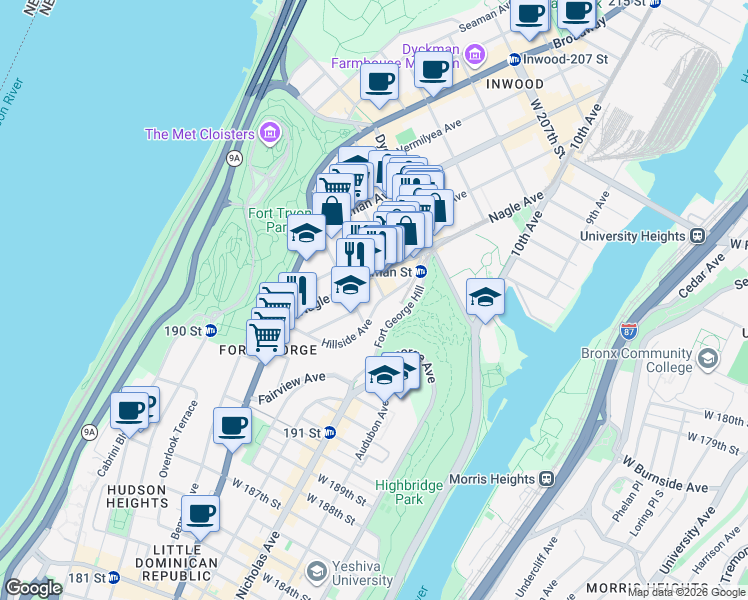 map of restaurants, bars, coffee shops, grocery stores, and more near 108 Hillside Avenue in New York