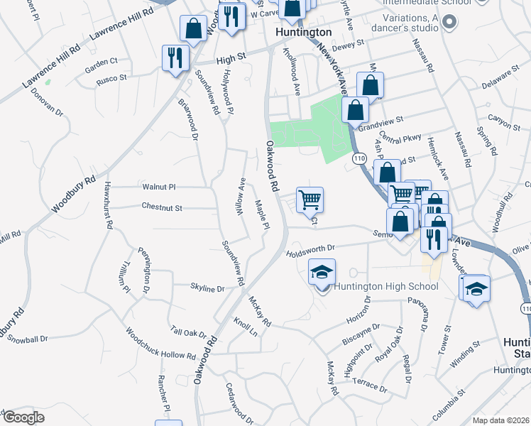 map of restaurants, bars, coffee shops, grocery stores, and more near 34 Maple Place in Huntington