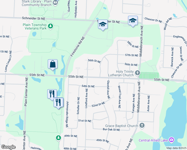 map of restaurants, bars, coffee shops, grocery stores, and more near 2205 55th Street Northeast in Canton