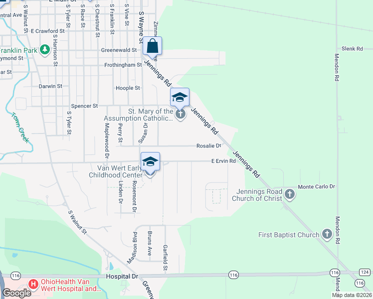 map of restaurants, bars, coffee shops, grocery stores, and more near 1166 Rosalie Drive in Van Wert
