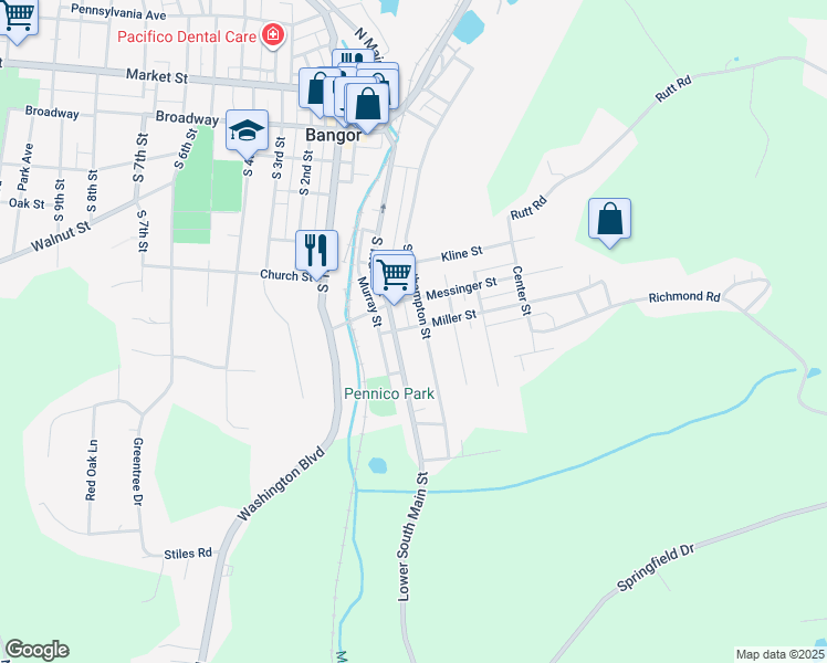 map of restaurants, bars, coffee shops, grocery stores, and more near 26 Miller Street in Bangor