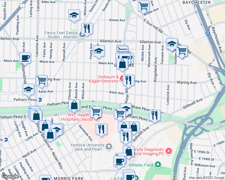 map of restaurants, bars, coffee shops, grocery stores, and more near 1433 Astor Avenue in Bronx