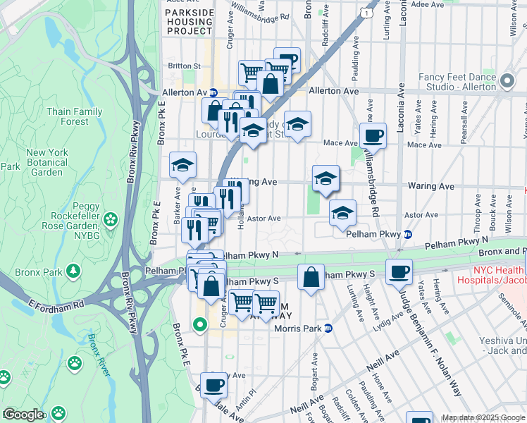 map of restaurants, bars, coffee shops, grocery stores, and more near in The Bronx