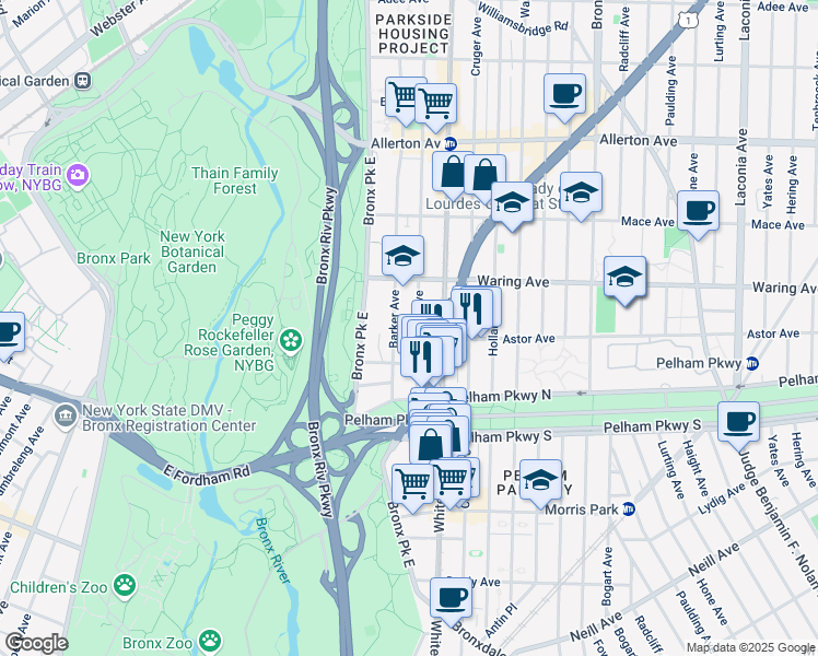 map of restaurants, bars, coffee shops, grocery stores, and more near 2275 Olinville Avenue in Bronx