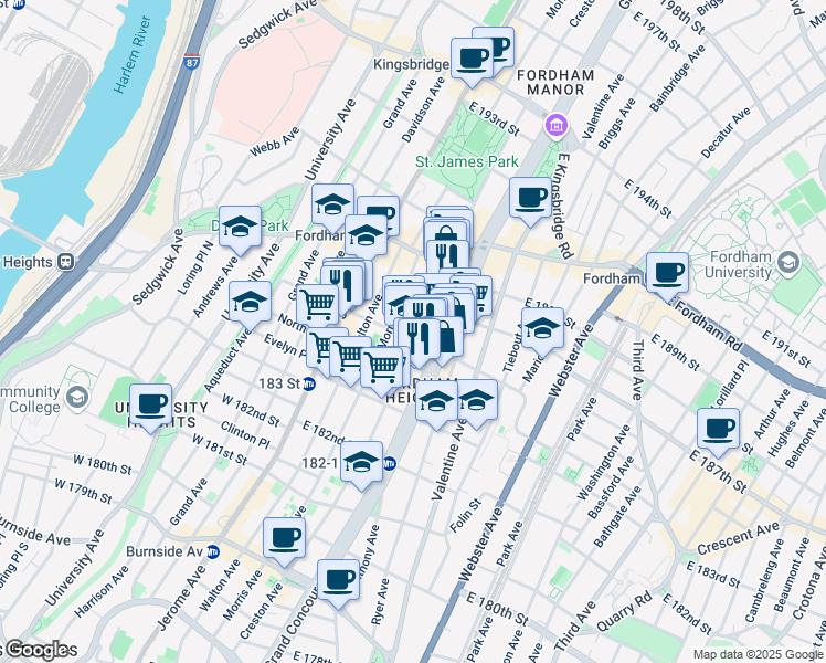 map of restaurants, bars, coffee shops, grocery stores, and more near in The Bronx