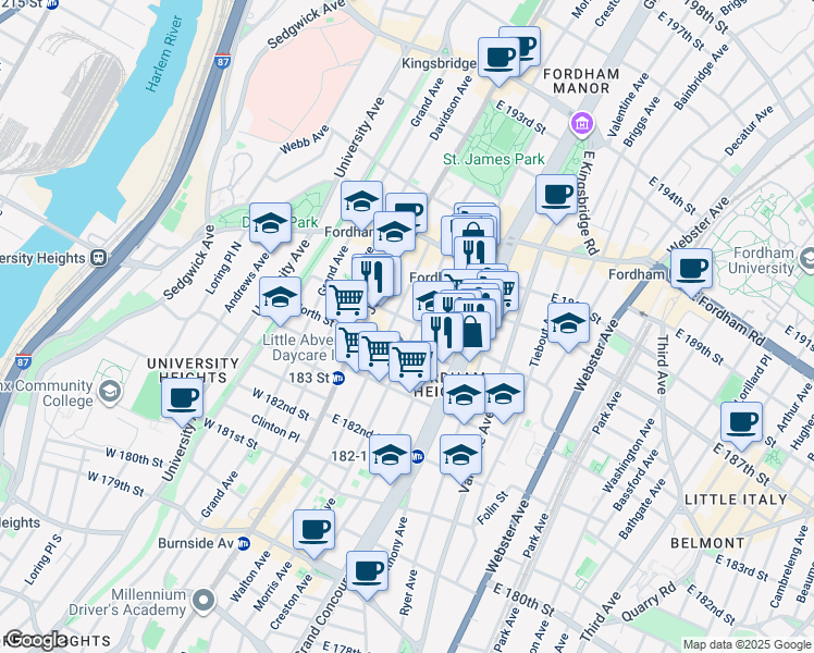 map of restaurants, bars, coffee shops, grocery stores, and more near in The Bronx