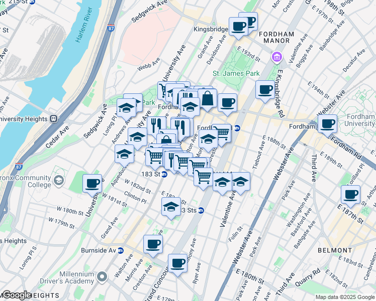map of restaurants, bars, coffee shops, grocery stores, and more near in The Bronx
