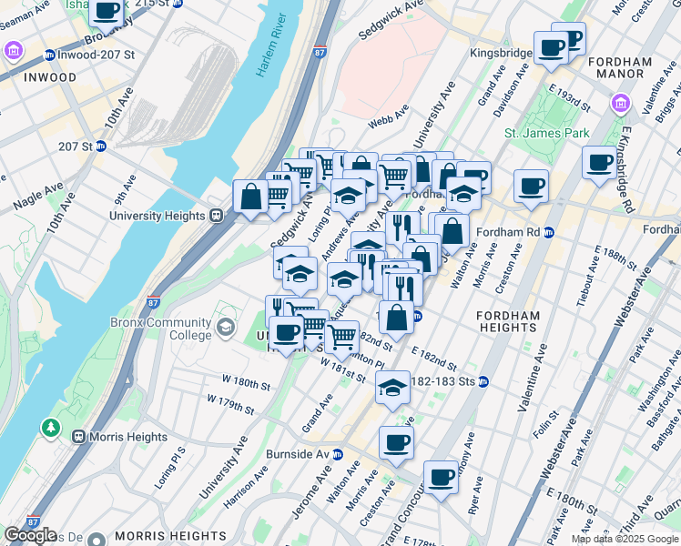 map of restaurants, bars, coffee shops, grocery stores, and more near in The Bronx