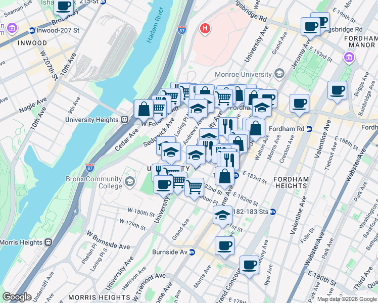 map of restaurants, bars, coffee shops, grocery stores, and more near in The Bronx