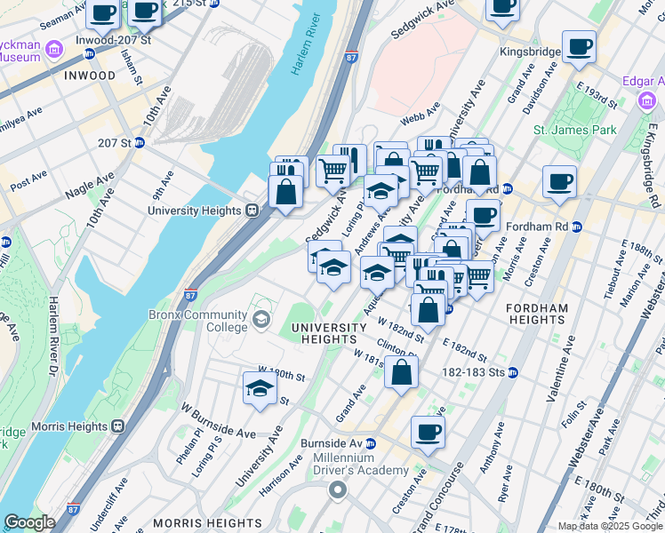 map of restaurants, bars, coffee shops, grocery stores, and more near 114 West 183rd Street in The Bronx