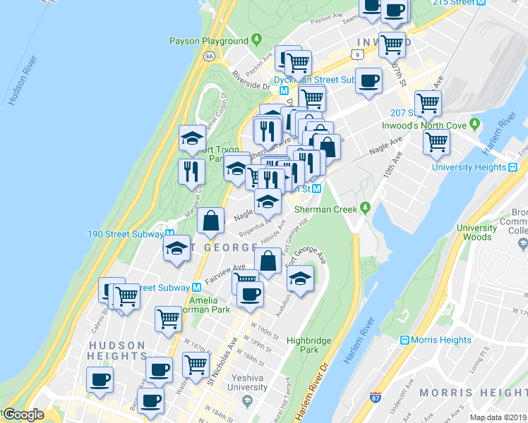 map of restaurants, bars, coffee shops, grocery stores, and more near 64 Nagle Avenue in New York