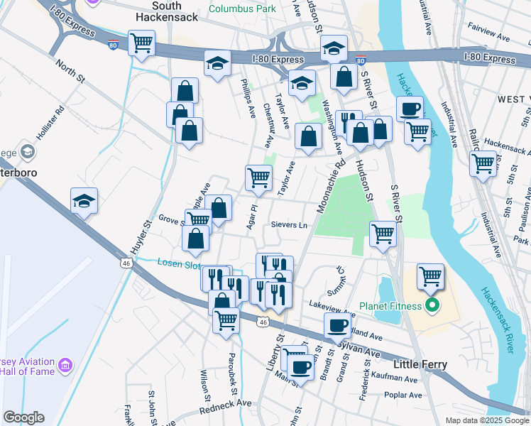 map of restaurants, bars, coffee shops, grocery stores, and more near 10 Tuve Lane in South Hackensack