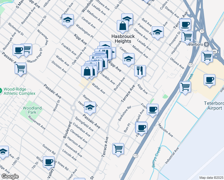 map of restaurants, bars, coffee shops, grocery stores, and more near 99 Burton Avenue in Hasbrouck Heights