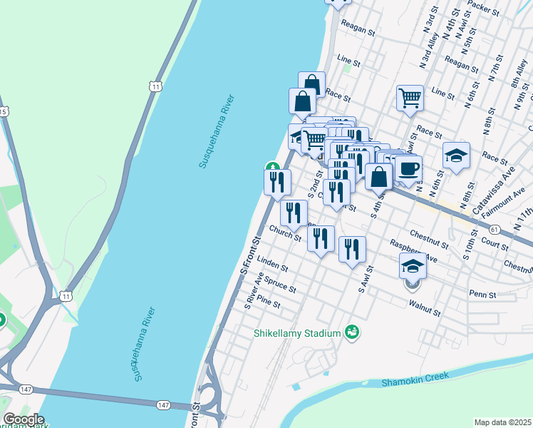 map of restaurants, bars, coffee shops, grocery stores, and more near 225 South Front Street in Sunbury