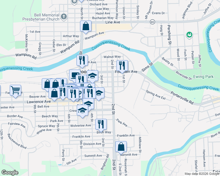 map of restaurants, bars, coffee shops, grocery stores, and more near 207 Hickory Way in Ellwood City