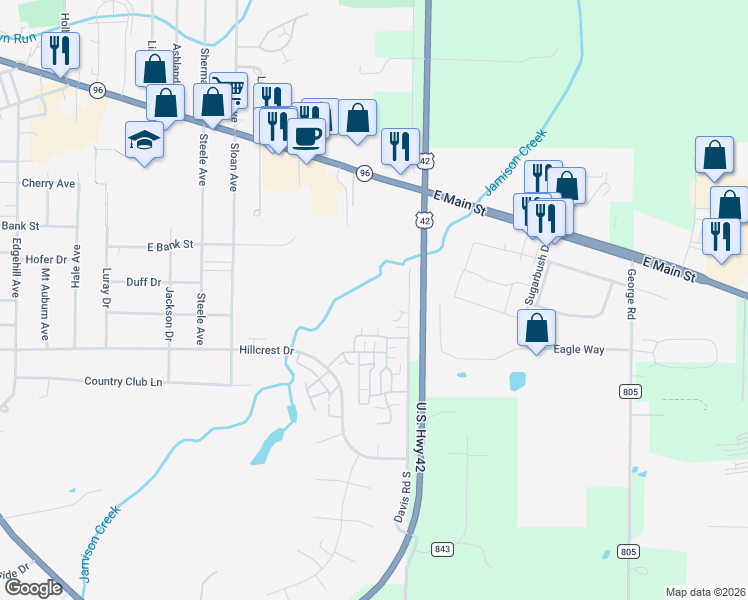map of restaurants, bars, coffee shops, grocery stores, and more near 330 Davis Road in Ashland