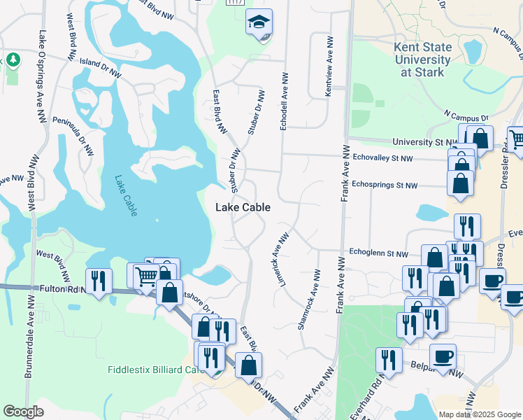 map of restaurants, bars, coffee shops, grocery stores, and more near 5226 Overlook Circle Northwest in Canton