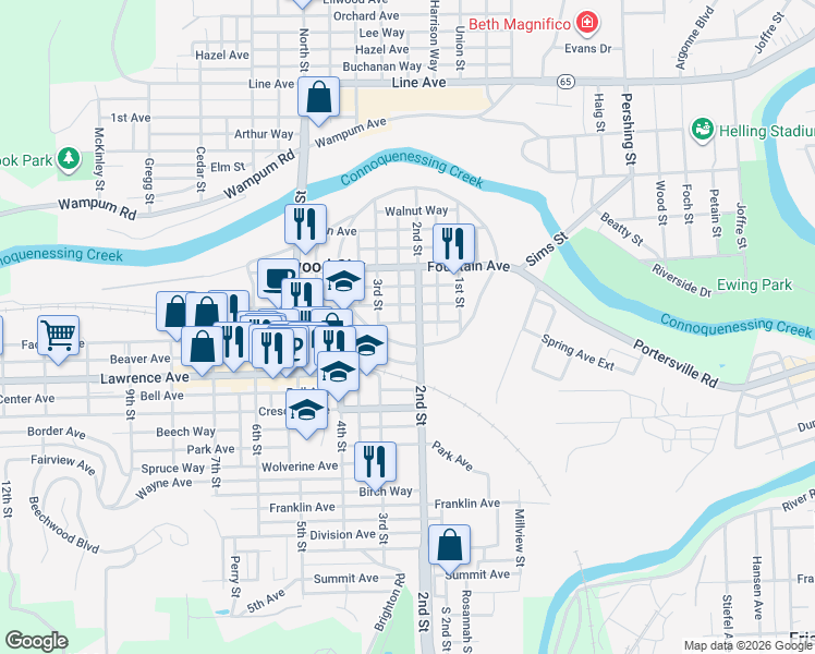 map of restaurants, bars, coffee shops, grocery stores, and more near 207 Hickory Way in Ellwood City