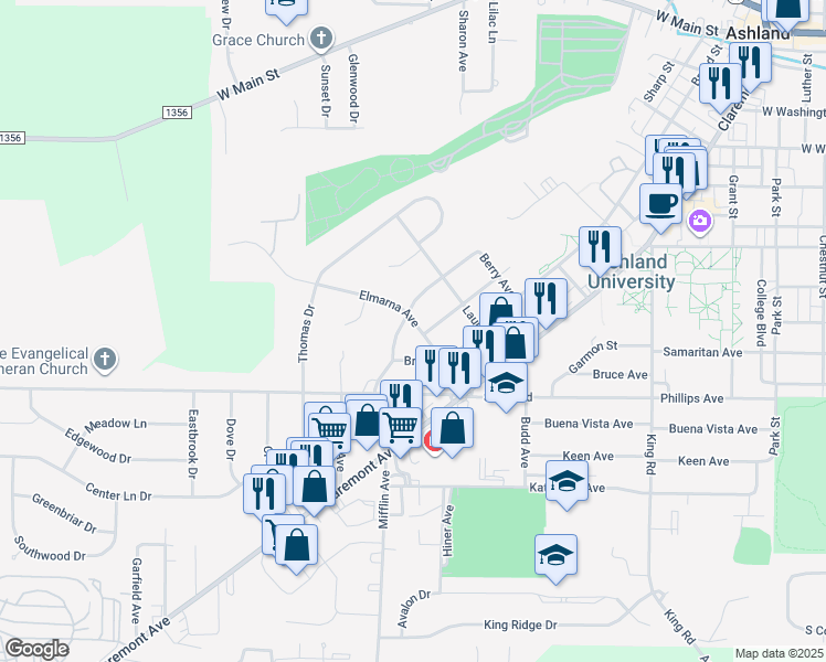map of restaurants, bars, coffee shops, grocery stores, and more near 1209 Mifflin Avenue in Ashland