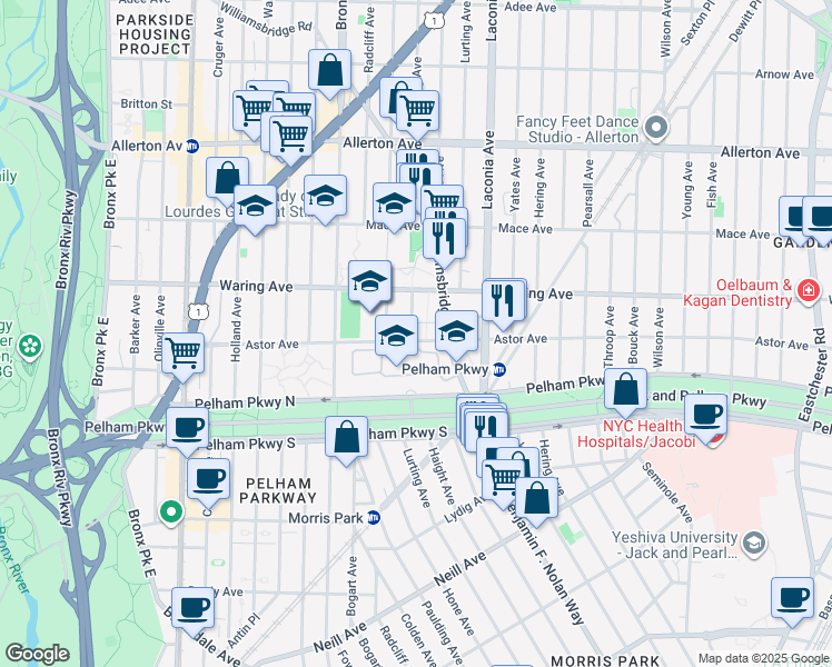 map of restaurants, bars, coffee shops, grocery stores, and more near 2324 Paulding Avenue in The Bronx