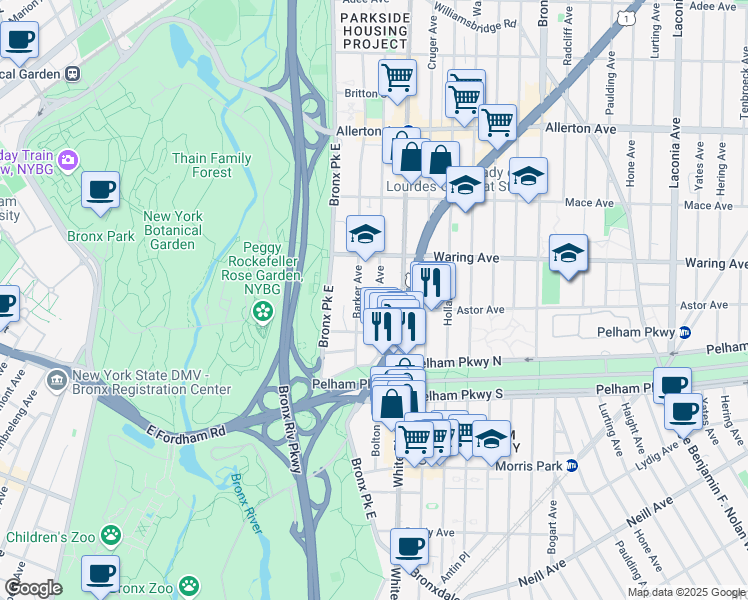 map of restaurants, bars, coffee shops, grocery stores, and more near 2275 Olinville Avenue in Bronx