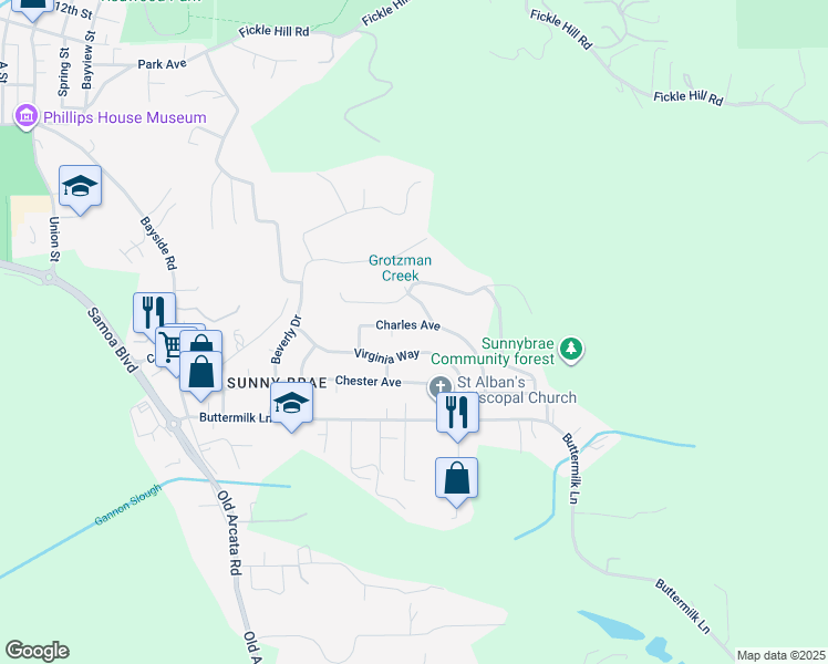 map of restaurants, bars, coffee shops, grocery stores, and more near 1653 Charles Avenue in Arcata