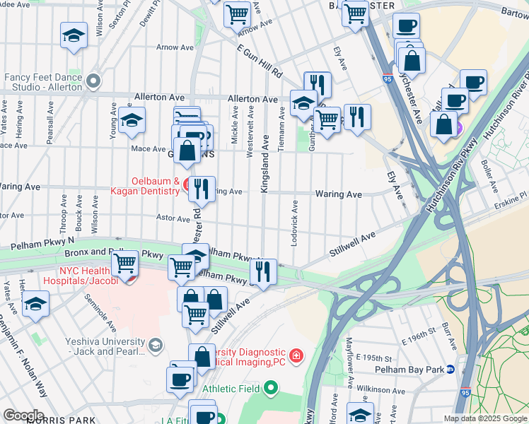 map of restaurants, bars, coffee shops, grocery stores, and more near 2324 Kingsland Avenue in Bronx