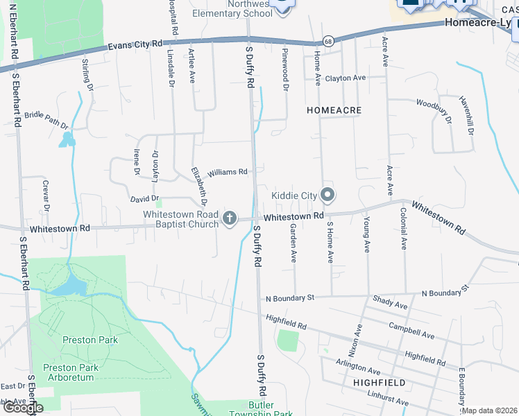 map of restaurants, bars, coffee shops, grocery stores, and more near 390 Whitestown Road in Butler