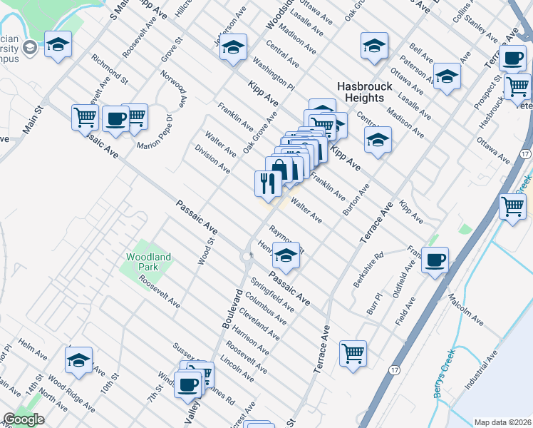 map of restaurants, bars, coffee shops, grocery stores, and more near 151 Boulevard in Hasbrouck Heights