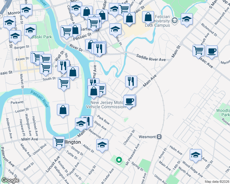 map of restaurants, bars, coffee shops, grocery stores, and more near 421 Main Avenue in Wallington
