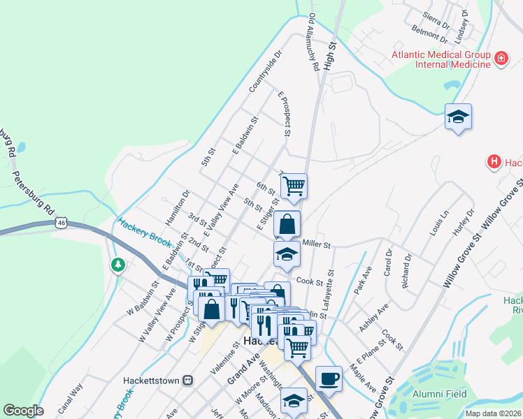 map of restaurants, bars, coffee shops, grocery stores, and more near 208 5th Street in Hackettstown
