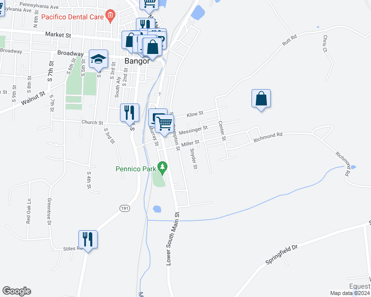 map of restaurants, bars, coffee shops, grocery stores, and more near 116 Miller Street in Bangor