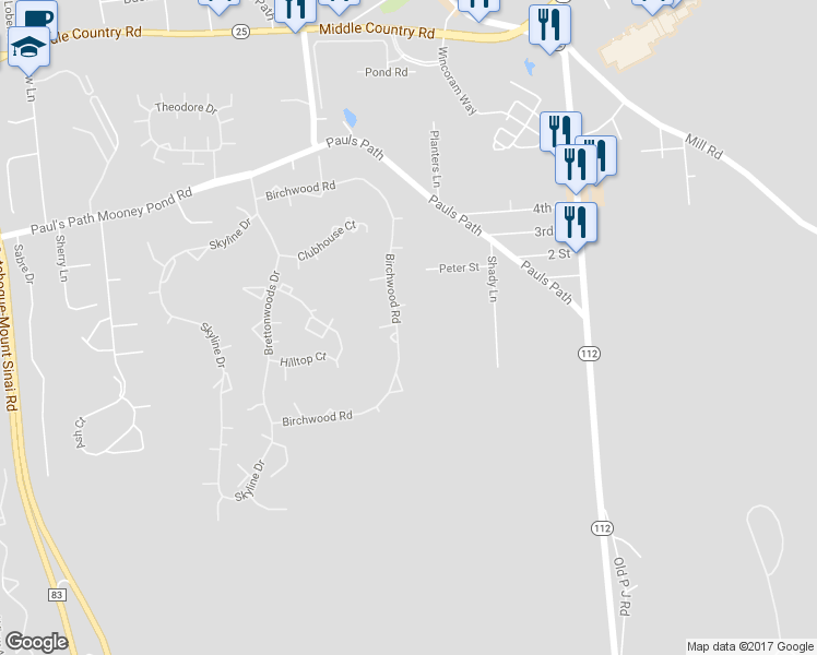 map of restaurants, bars, coffee shops, grocery stores, and more near 176 Birchwood Road in Coram