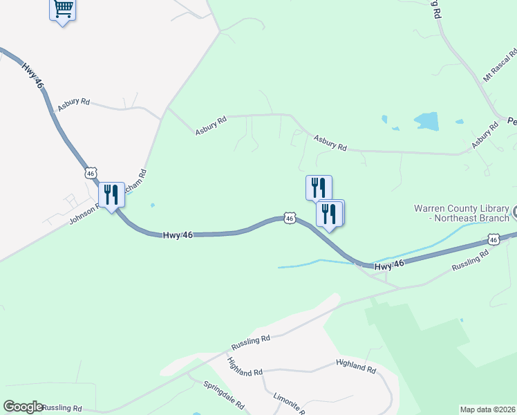 map of restaurants, bars, coffee shops, grocery stores, and more near 102-112 U.S. 46 in Hackettstown