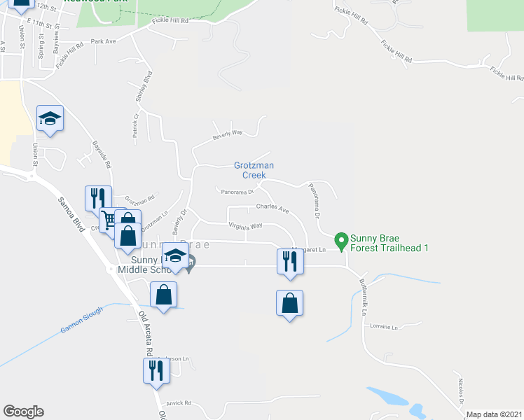 map of restaurants, bars, coffee shops, grocery stores, and more near 1649 Charles Avenue in Arcata