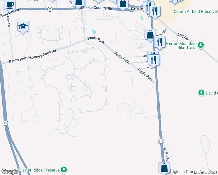 map of restaurants, bars, coffee shops, grocery stores, and more near 176 Birchwood Road in Coram