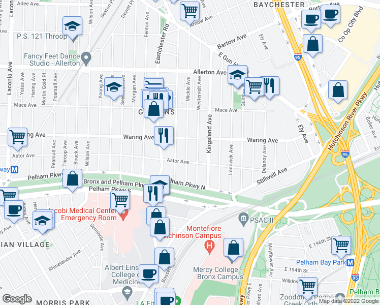 map of restaurants, bars, coffee shops, grocery stores, and more near 2330 Mickle Avenue in Bronx
