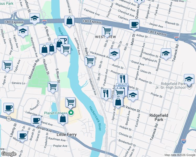map of restaurants, bars, coffee shops, grocery stores, and more near 40 Railroad Avenue in Ridgefield Park