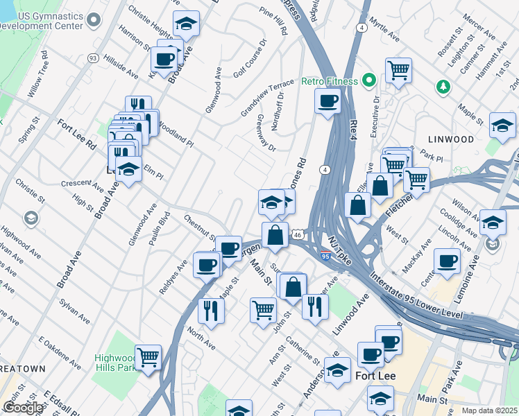 map of restaurants, bars, coffee shops, grocery stores, and more near 137 Hoefleys Lane in Leonia
