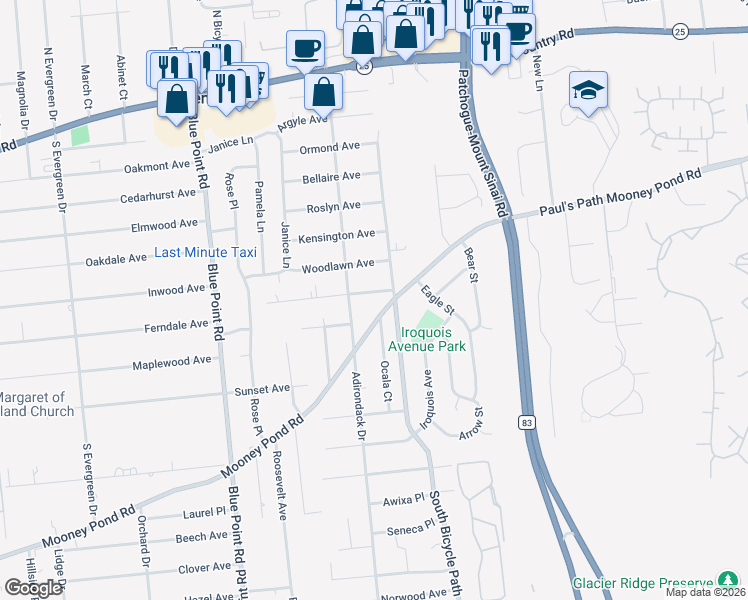 map of restaurants, bars, coffee shops, grocery stores, and more near 8 Laurelton Ave in Selden