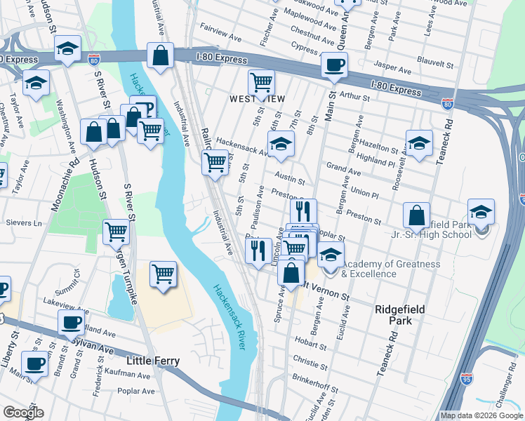 map of restaurants, bars, coffee shops, grocery stores, and more near 64 Paulison Avenue in Ridgefield Park