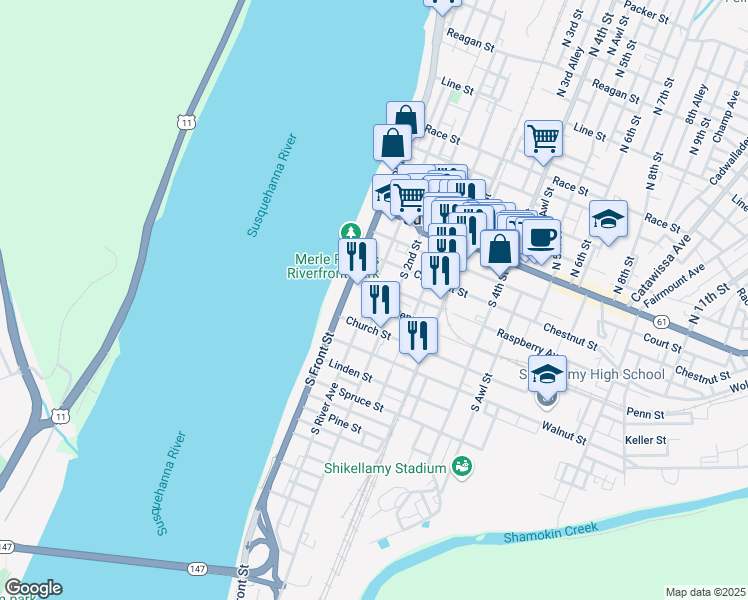 map of restaurants, bars, coffee shops, grocery stores, and more near 157 South 2nd Street in Sunbury