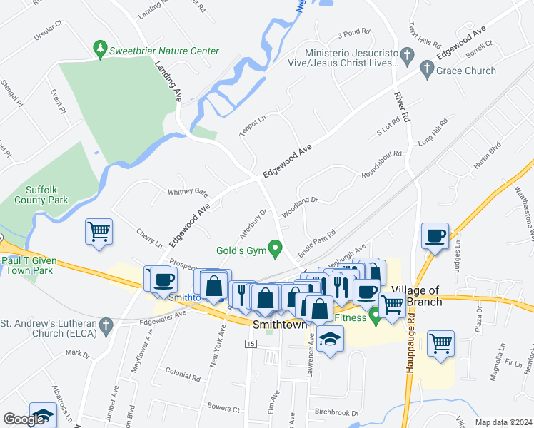 map of restaurants, bars, coffee shops, grocery stores, and more near 158 Landing Avenue in Smithtown