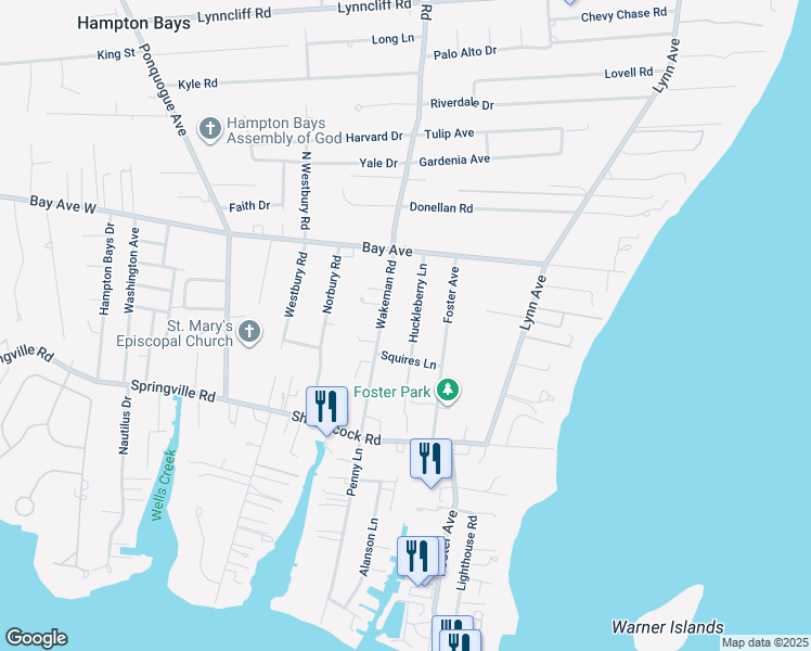 map of restaurants, bars, coffee shops, grocery stores, and more near 20 Huckleberry Lane in Hampton Bays