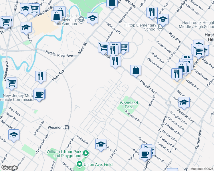 map of restaurants, bars, coffee shops, grocery stores, and more near 26 Veterans Drive in Wood-Ridge