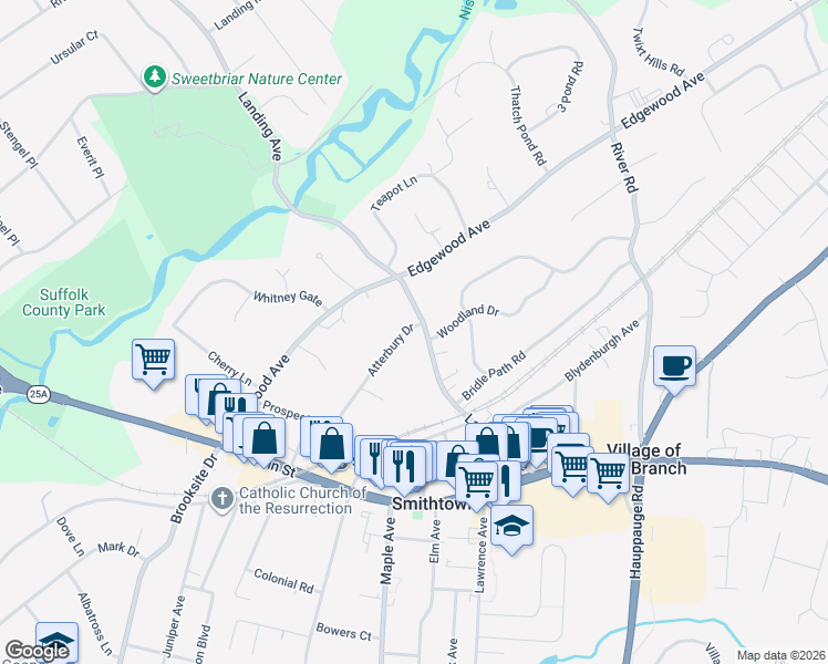 map of restaurants, bars, coffee shops, grocery stores, and more near 158 Landing Avenue in Smithtown