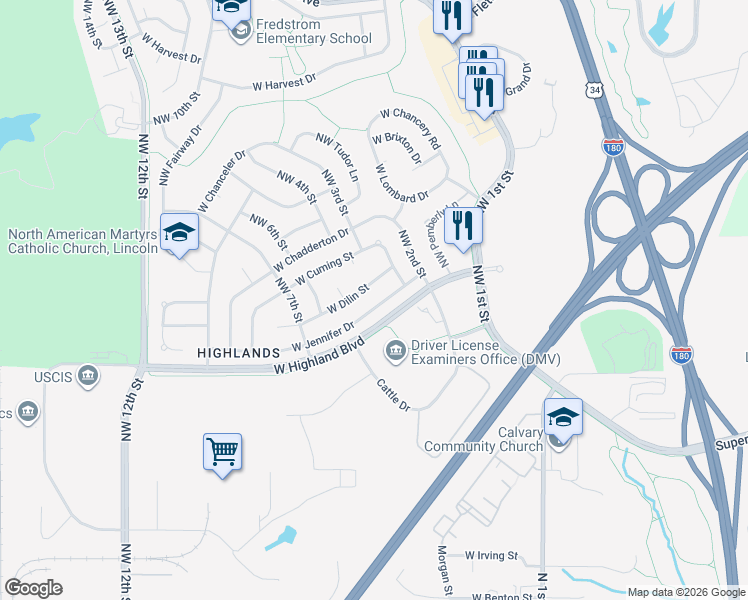 map of restaurants, bars, coffee shops, grocery stores, and more near 508 West Jennifer Drive in Lincoln